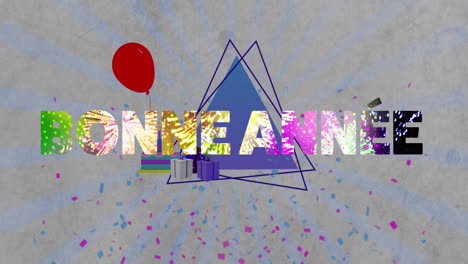 animación de texto de bonne année con confeti, globo rojo y cajas de regalos