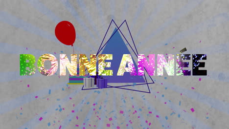 bonne année text animation with confetti, red balloon, and gift boxes