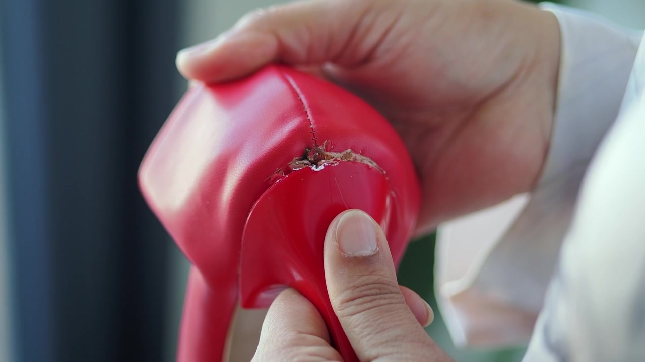 Close-up of Hands Applying Glue to Repair a Torn Red Object