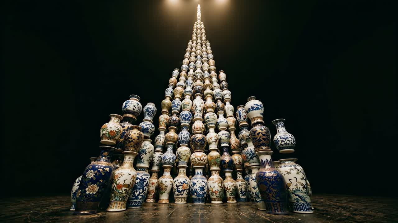 伝統的な中国の陶磁器の花瓶でできた劇的なピラミッド