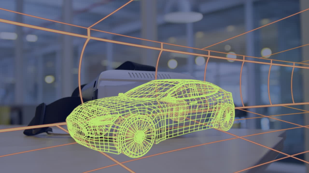 animación del dibujo 3d digital del coche sobre el auricular vr
