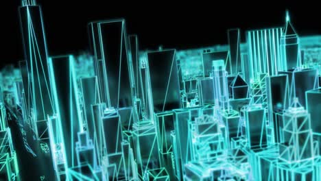 ciudad de neón brillante dof modelo de nueva york nyc flyover wireframe rascacielos de los años 80 4k