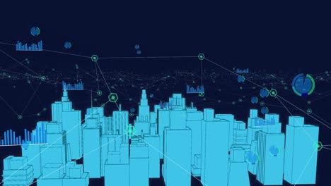 Animation-Einer-Digitalen-Stadt-über-Ein-Netzwerk-Von-Verbindungen-Auf-Schwarzem-Hintergrund