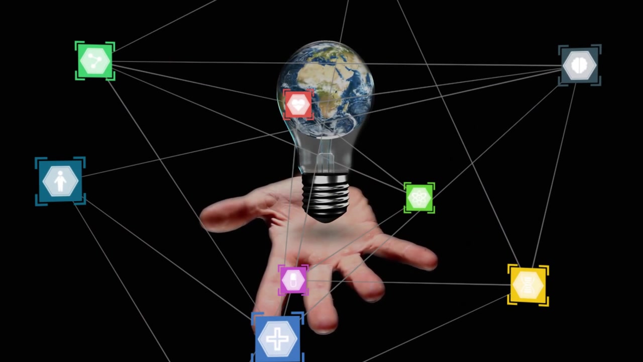 Hand emerging from black void, creating Earth-lightbulb, connecting icons showing global network