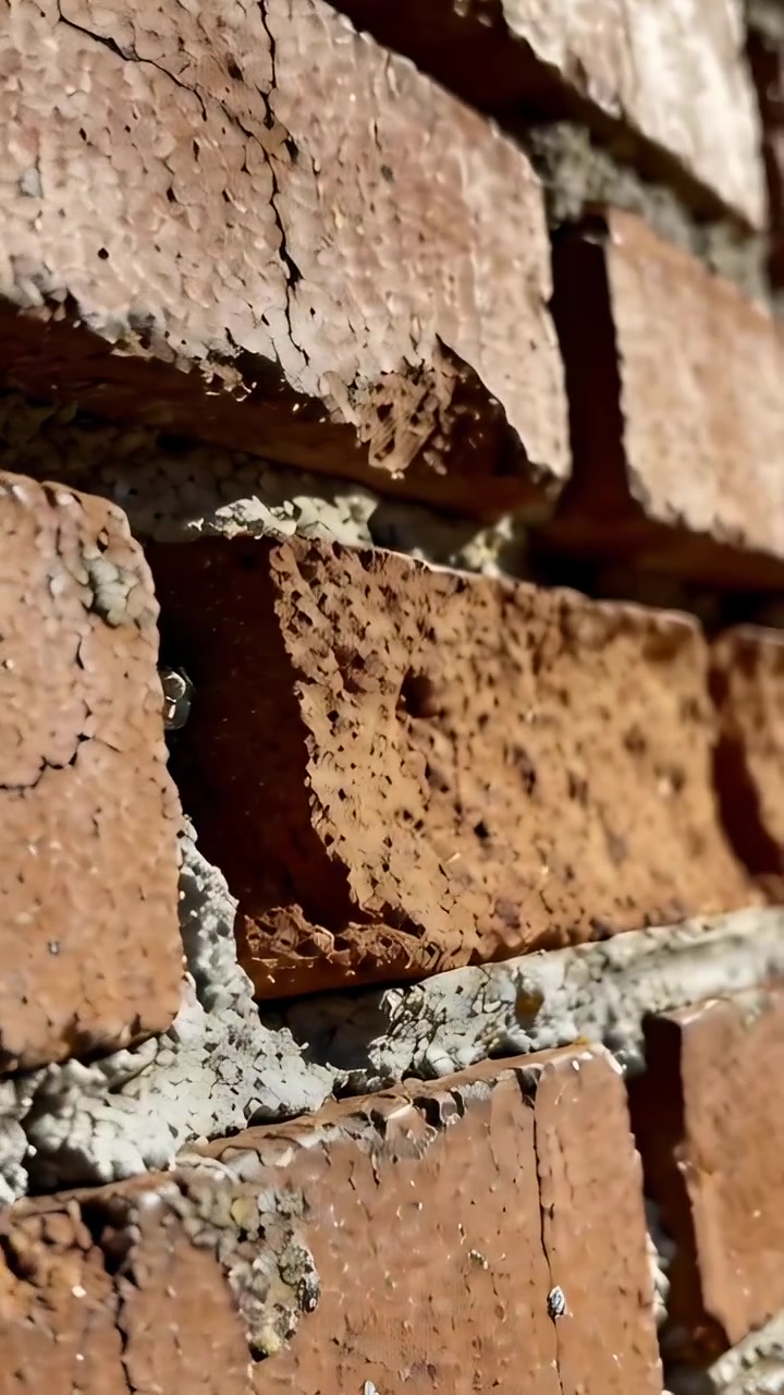 Vertical video: Shifting camera showing red-brown bricks on exterior wall, revealing texture