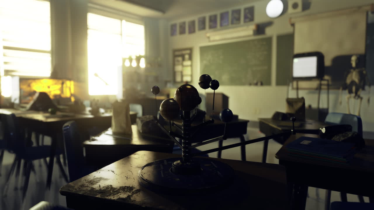 Classroom with natural light highlighting a science model on a desk