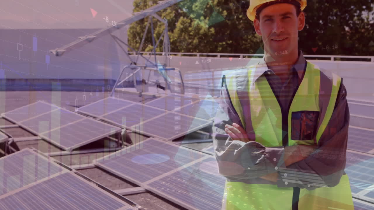 solar technician standing on rooftop among panels, displaying animated renewable energy icons