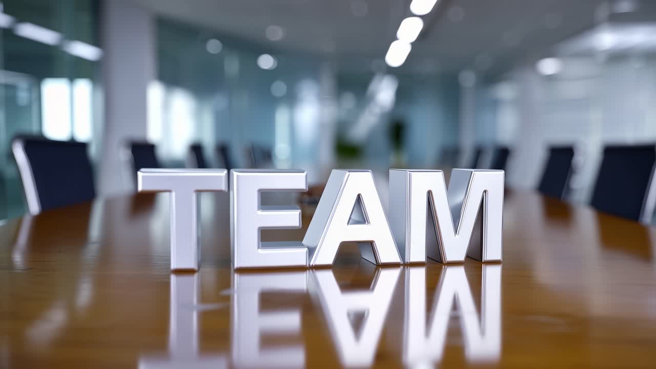 Wooden table holds bold white letters spelling "TEAM". Reflection glows beneath the letters, mirroring their shape. Blurred office chairs face long conference table. Background lights glow softly