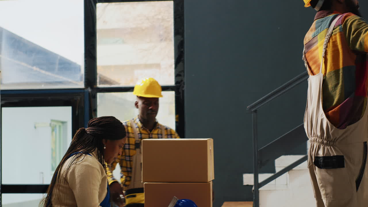 People moving boxes in warehouse