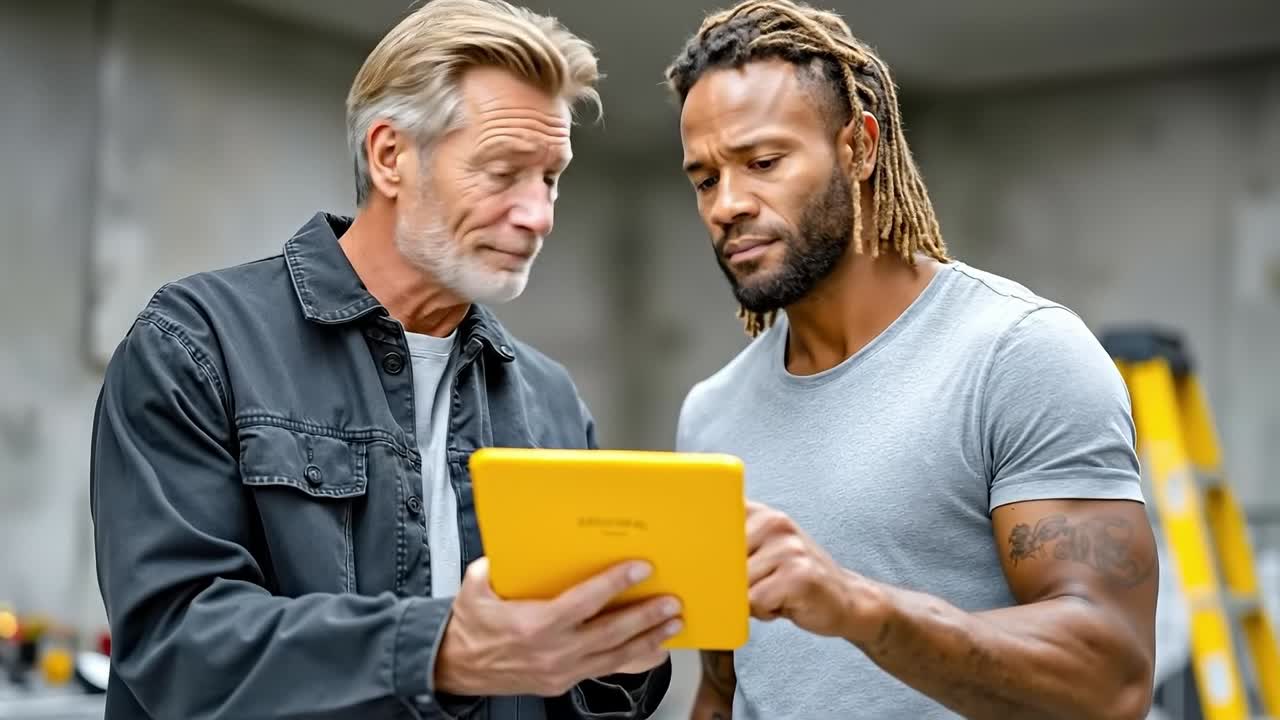 A man and a man looking at a tablet computer together
