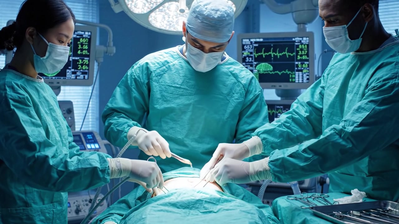 Et lægeteam udfører en kirurgisk procedure på en moderne operationsstue med fokus på præcision og teamwork, samtidig med at patientsikkerhed og pleje under kritiske forhold sikres