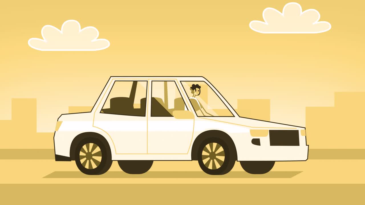 estilo hombre amarillo personaje plano conduciendo coche blanco. animación de bucle aislado con canal alfa