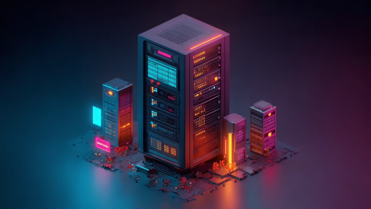 A futuristic digital landscape showcasing a towering server structure surrounded by smaller data centers, illuminated with vibrant neon lights, representing advanced technology and connectivity
