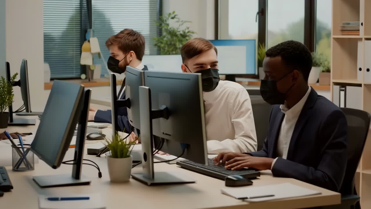 Employees working in a modern office, wearing face masks for safety