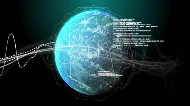 Animation of data processing and network of connections over globe on black background