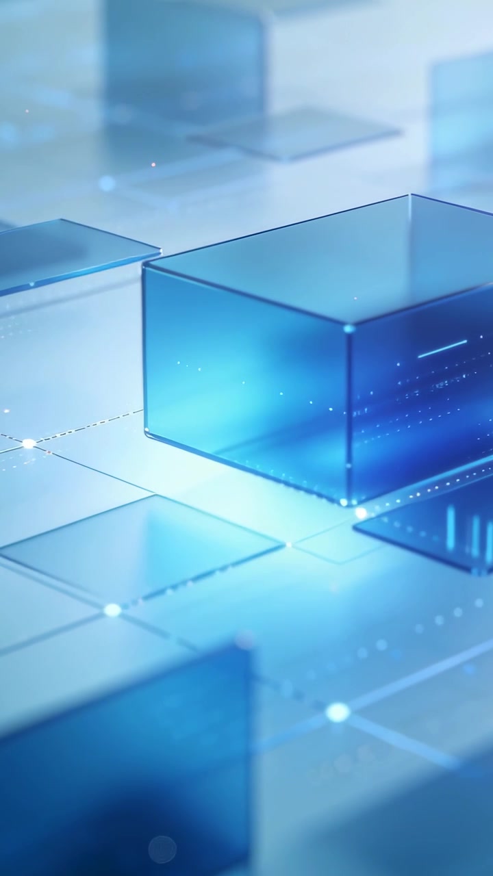 Vertical video: Moving camera revealing large blue prism glowing on grid plane, showing data flow