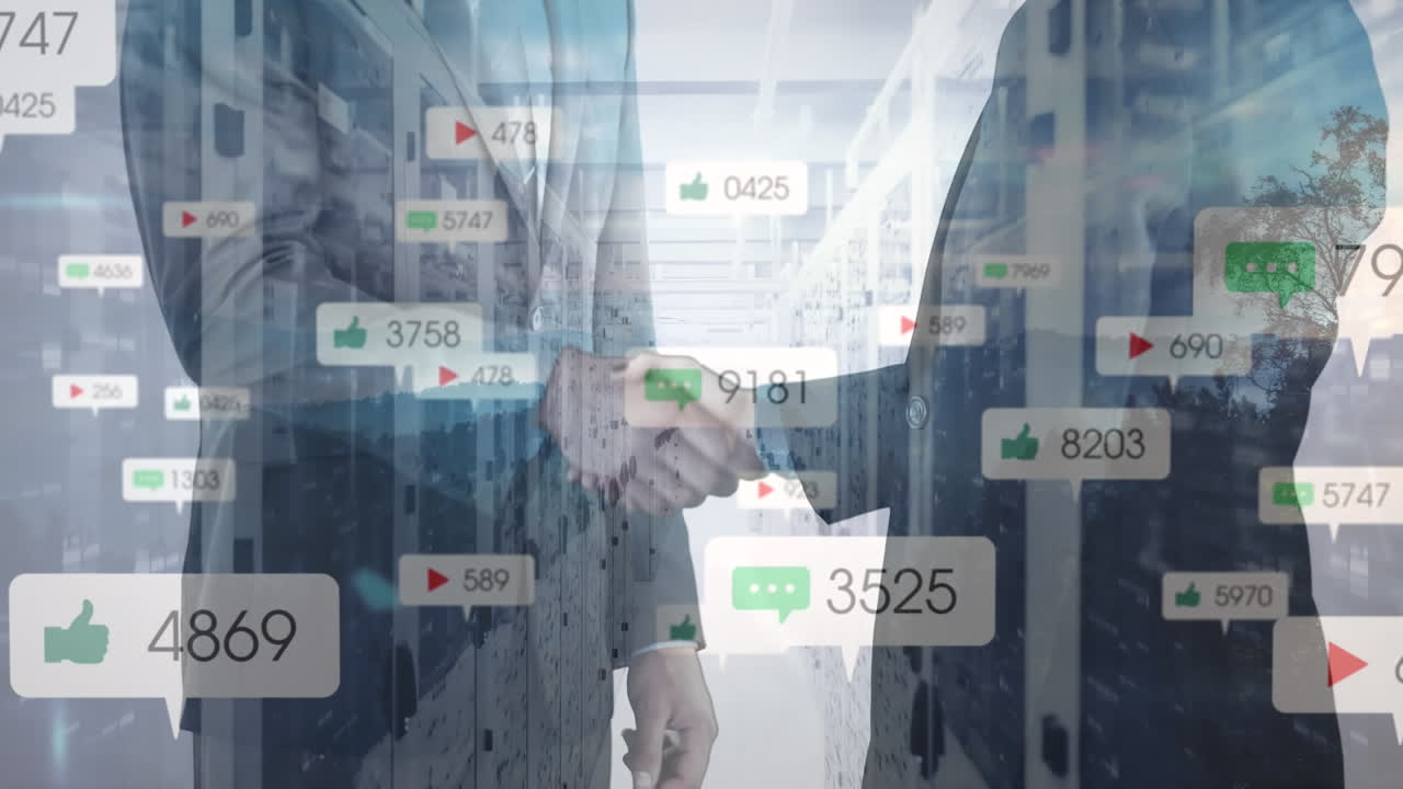 두 사업가의 중간 섹션에서 여러 개의 디지털 아이콘이 서버 방에 손을 흔들고 있습니다.