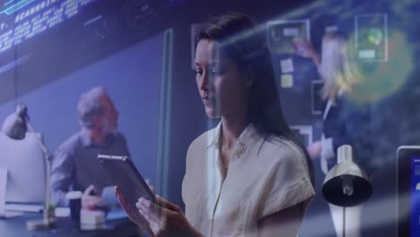 Animation of financial data processing over diverse business people working in office
