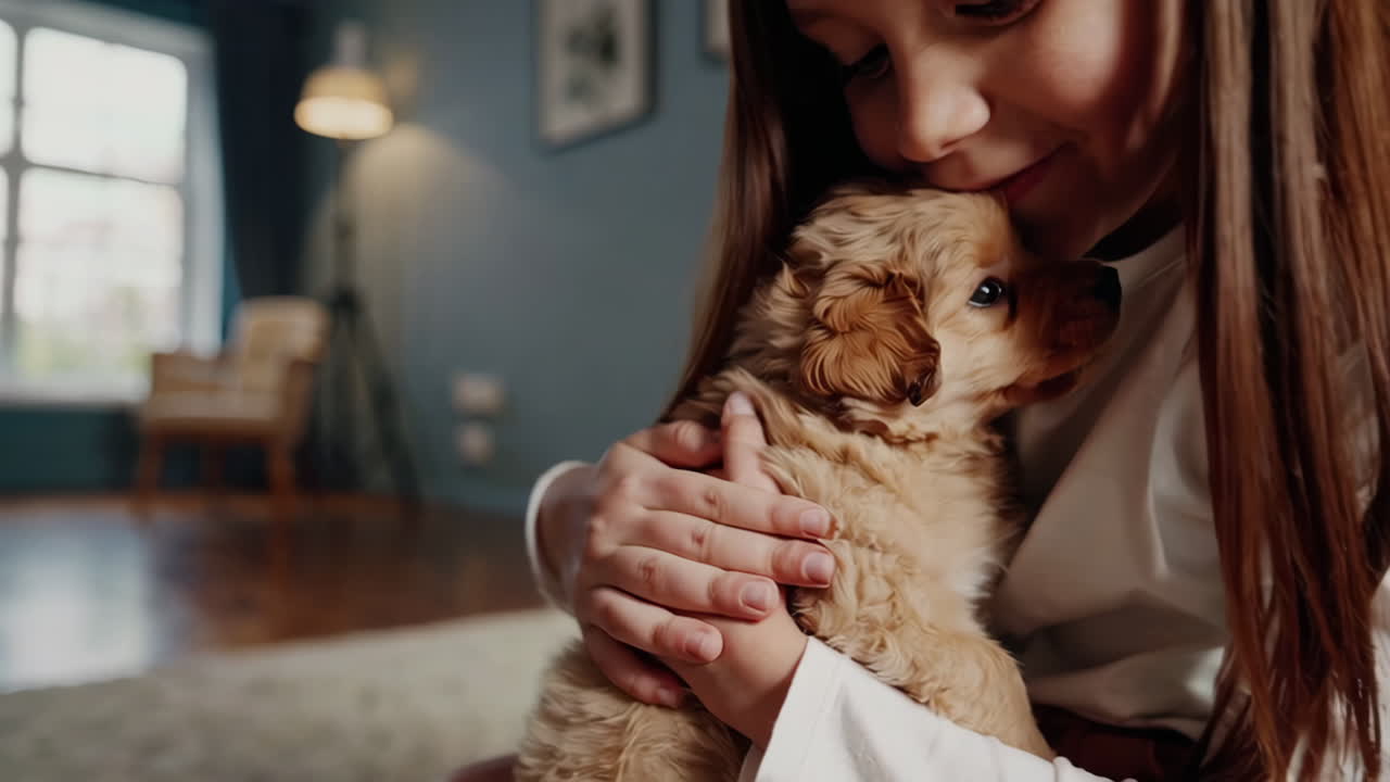 Girl playing with puppies in living room