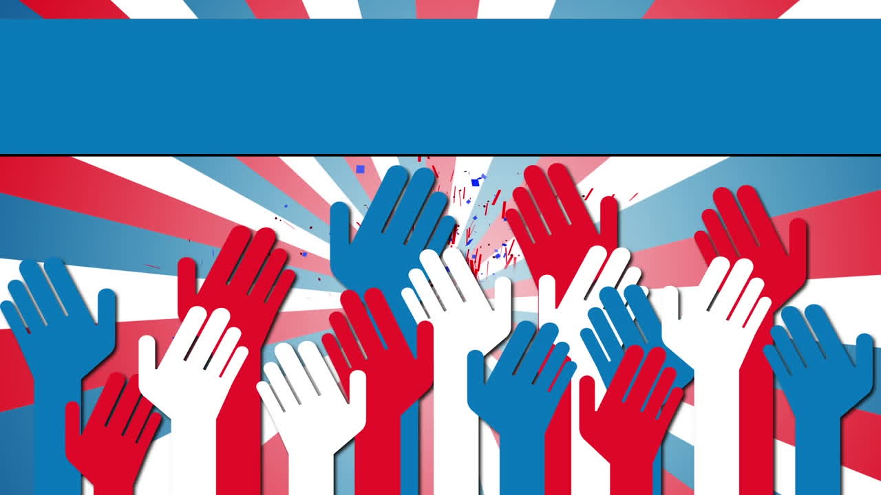 Animation of red, white and blue hands and blue stripe with copy space