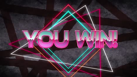 animation of you win text in pink metallic letters over neon lines