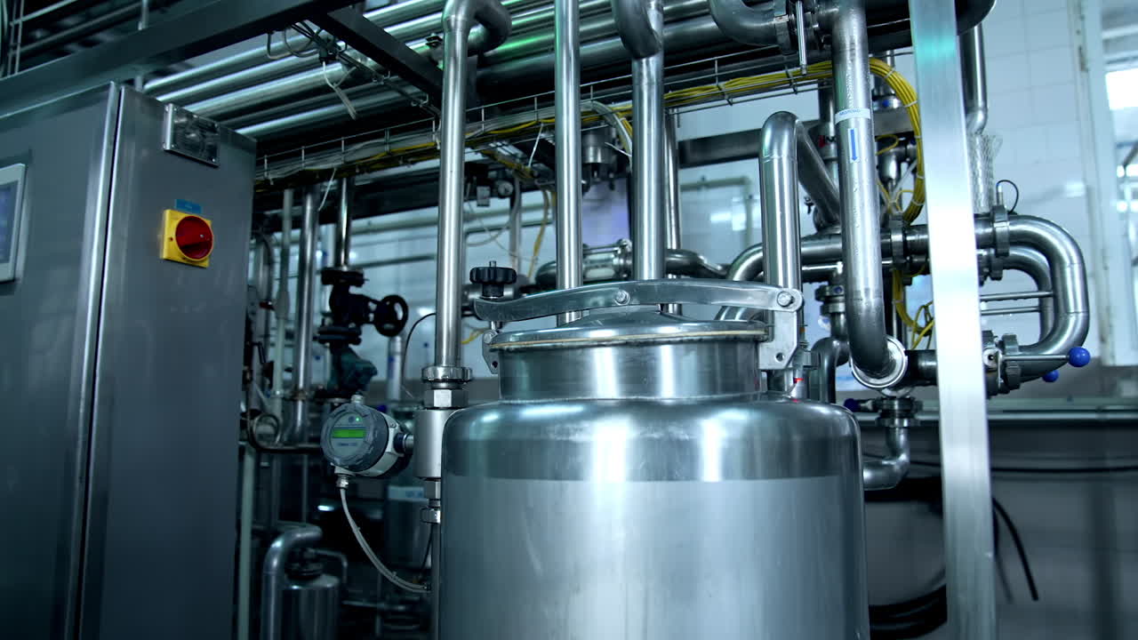 Large cistern closed tightly placed among the numerous metal pipes at dairy plant. Special equipment for storing and fermenting milk.