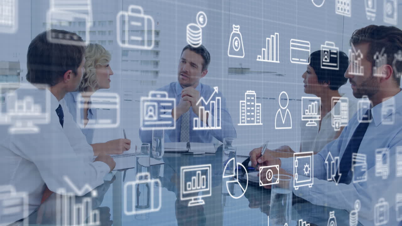 animación de iconos y procesamiento de datos financieros sobre diversas personas de negocios en la oficina