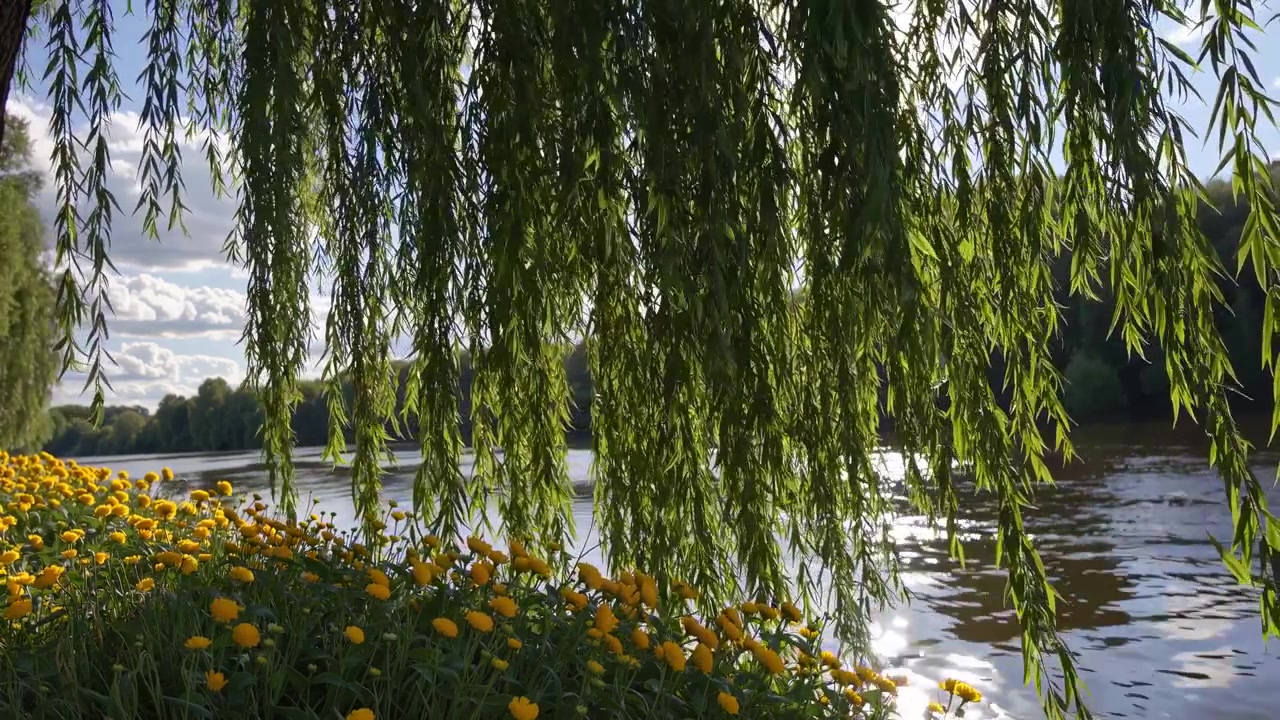 Grædepilgrene svajer blidt over floden med gule blomster