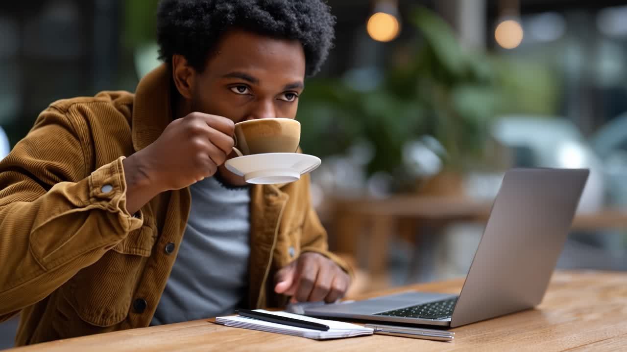 Man celebrates success at cafe laptop. Cup steams beside him. He smiles, eyes closed. He's clearly pleased. Perfect for business success themes