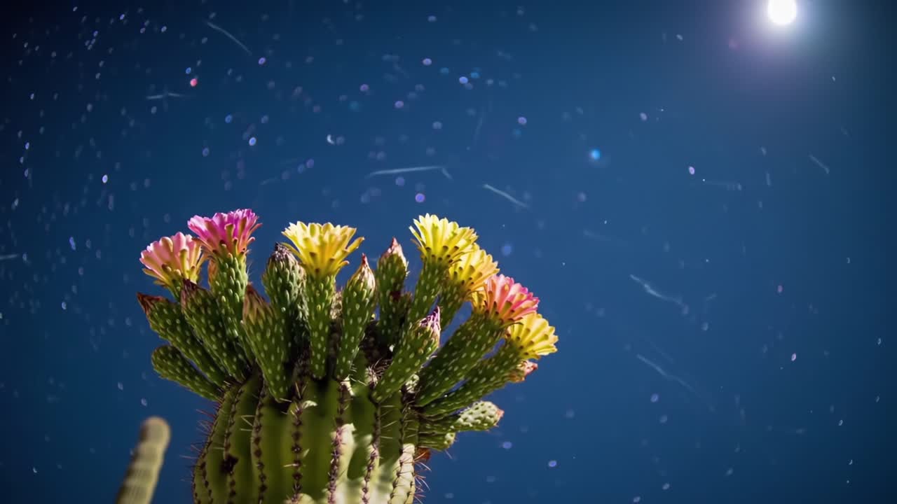 A Stunning Cactus in Bloom Under a Starry Sky, Showcasing Vibrant Flowers Against a Backdrop of Celestial Trails and Luminous Heavenly Bodies