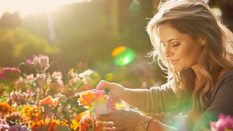 woman arranging vibrant flowers in a sunlit garden during springtime