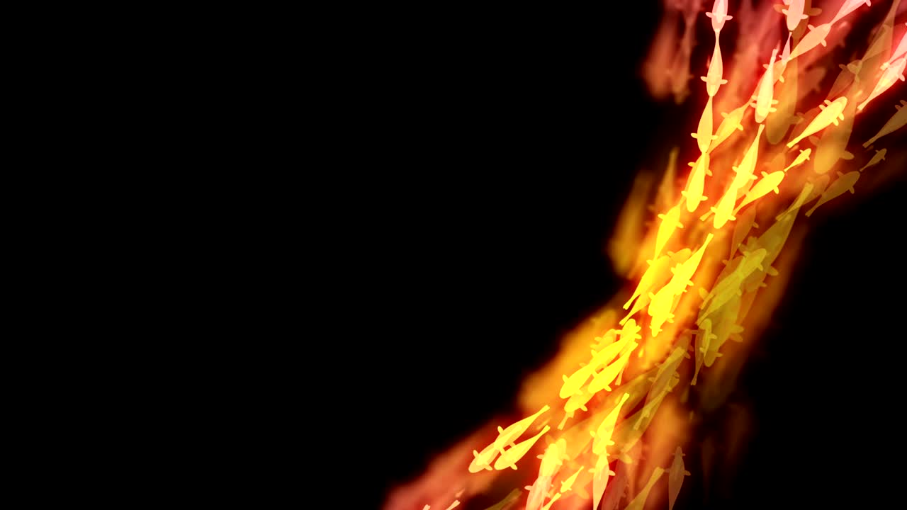 абстрактный боке-свет блестит фантастическим карпом или рыбой-кой плавающим рисунком желтый и розовый градиент цветная иллюстрация на темном фоне, бесшовная циклическая анимация 4k с левым пространством для копирования