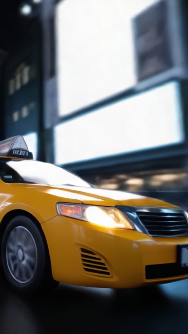 Scena urbana dinamica con un taxi giallo in movimento sotto le vivaci luci della città, catturata in un ambiente notturno frenetico.