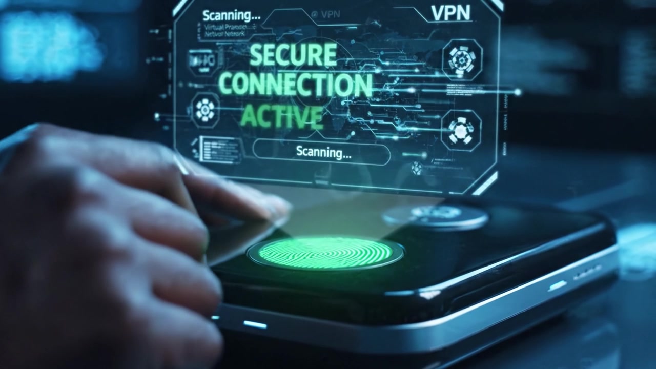 Enhancing Digital Security: A Close-Up of a Hand Interacting with a biometric Device Indicating a Secure Connection Active Status