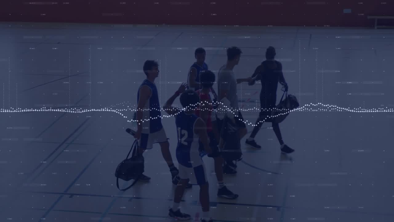 Basketball teammates entering court carrying duffel bags and ball, pausing for warm-up before game