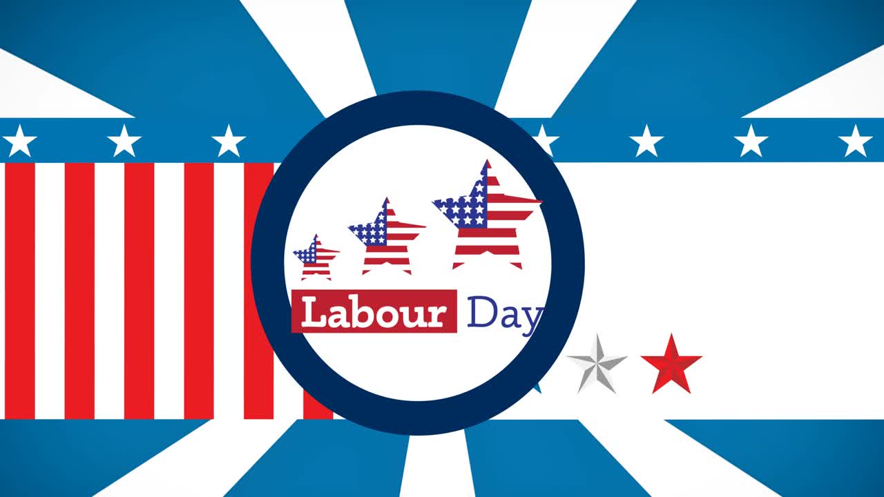 미국 국기 위에 있는 노동절 축하 텍스트의 애니메이션