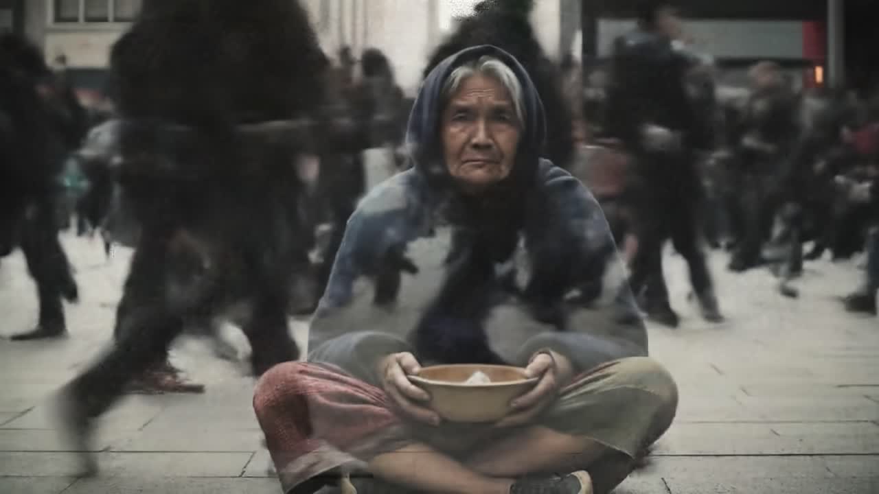 An elderly woman sits quietly on the pavement holding a bowl, while crowds of people pass by. The stark contrast highlights her solitude amidst the urban rush.
