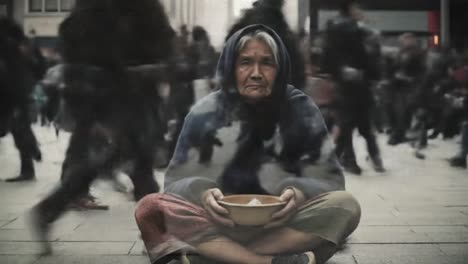 an elderly woman sits quietly on the pavement holding a bowl, while crowds of people pass by. the stark contrast highlights her solitude amidst the urban rush.