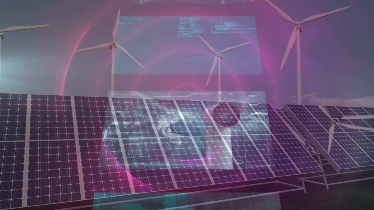 풍력 터빈과 태양 패널을 통해 스 스캔과 데이터 처리의 애니메이션