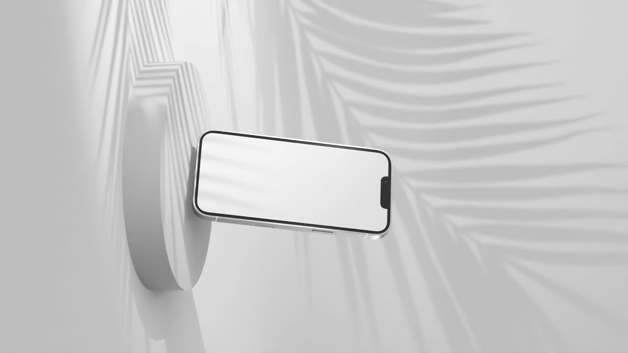 maqueta de teléfono gris en el podio con sombra de hoja de palma, vertical