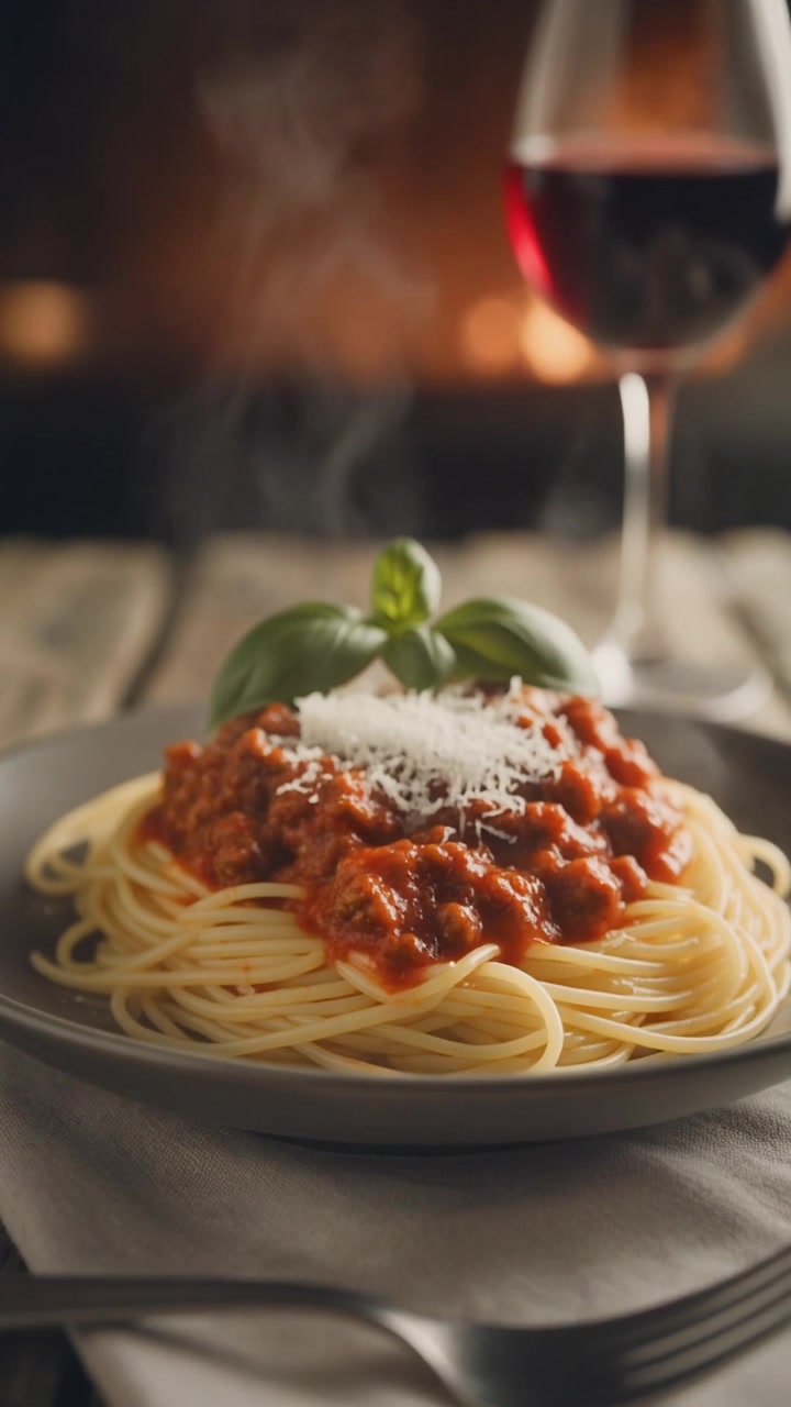 Piatto fumante di spaghetti alla bolognese con vino rosso