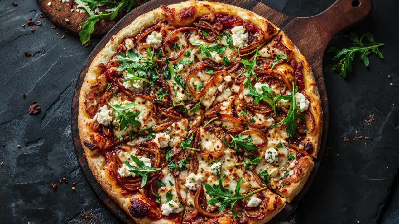 카라멜화 된 양파 와 염소 치즈 피자 와 아르구라