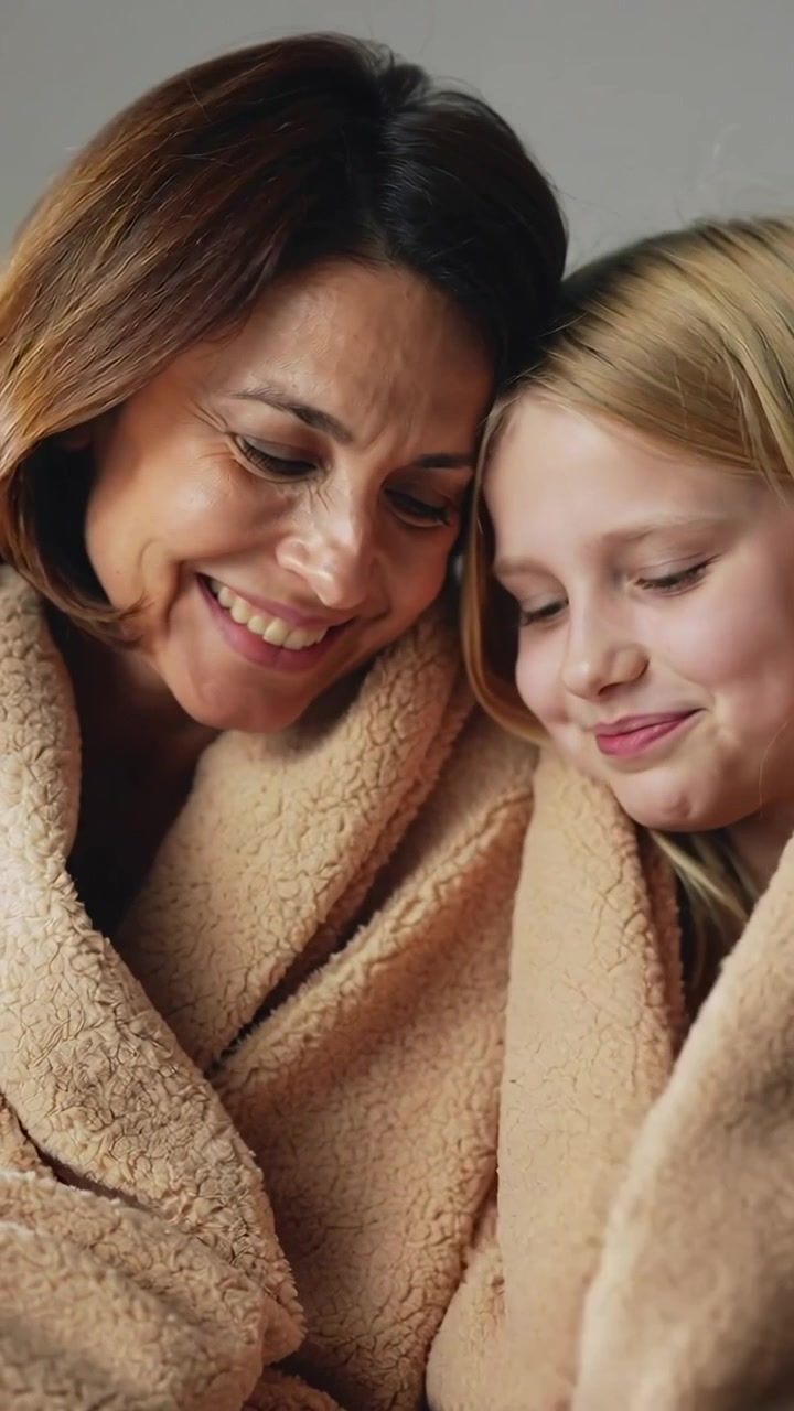 Vertikales Video: Beige Decke umhüllt Mutter und Tochter, die sich zu Hause nahe aneinander lehnen und eine ruhige Zeit teilen.
