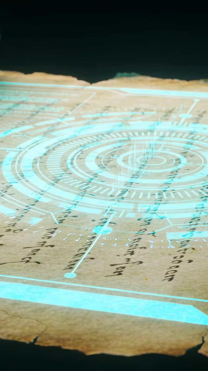 Vertical video: Projecting cyan HUD rings over parchment top-down, stylus initiating rising beams