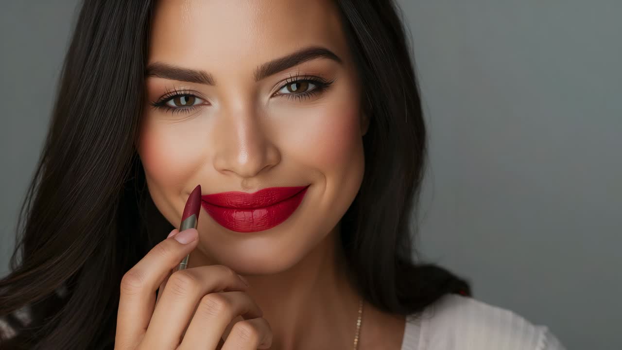 Donna che apre gli occhi mentre applica un rossetto rosso opaco sulle labbra in un makeup studio, mostrando la tonalità