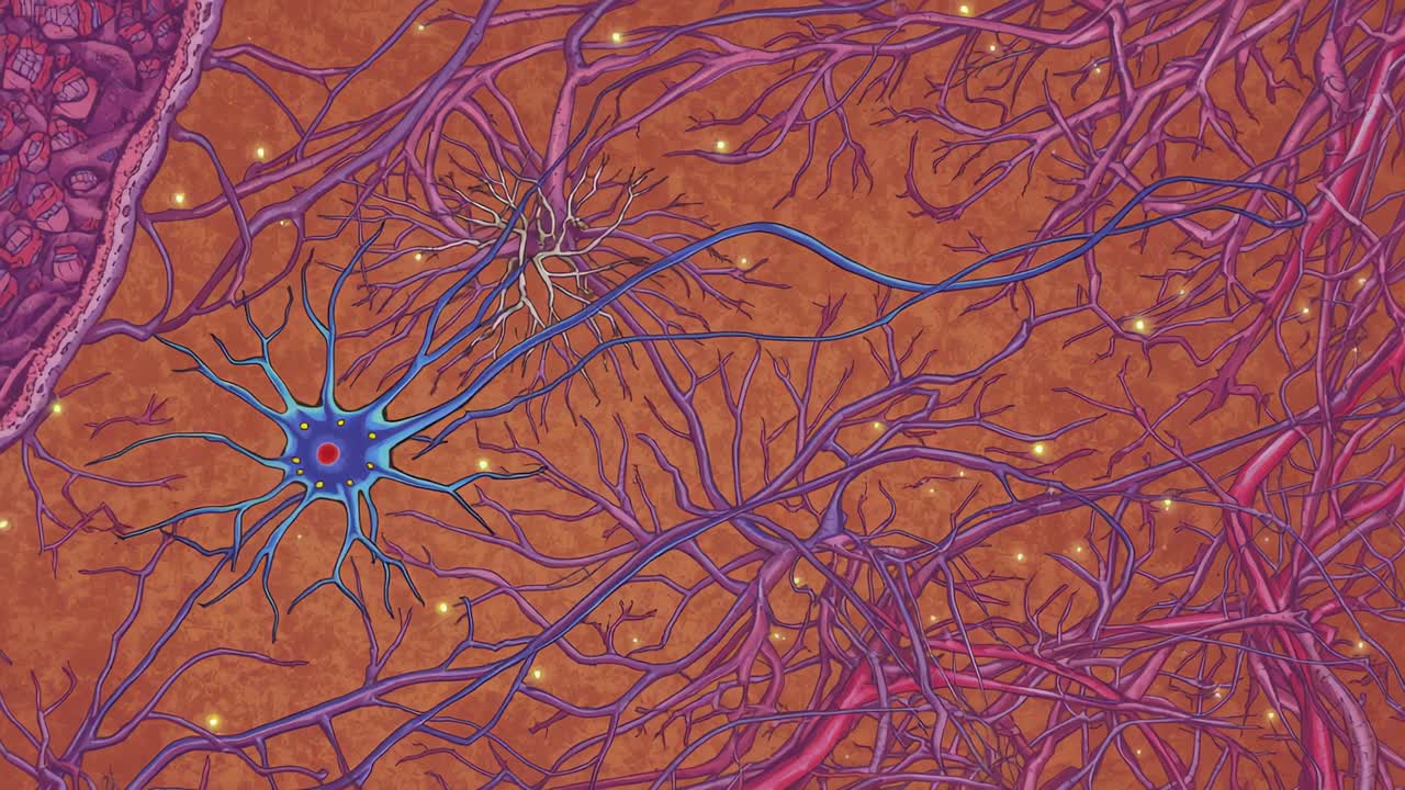 Flashing gold pulses sparking blue neuron extending arms right in matrix, with tubes for signaling