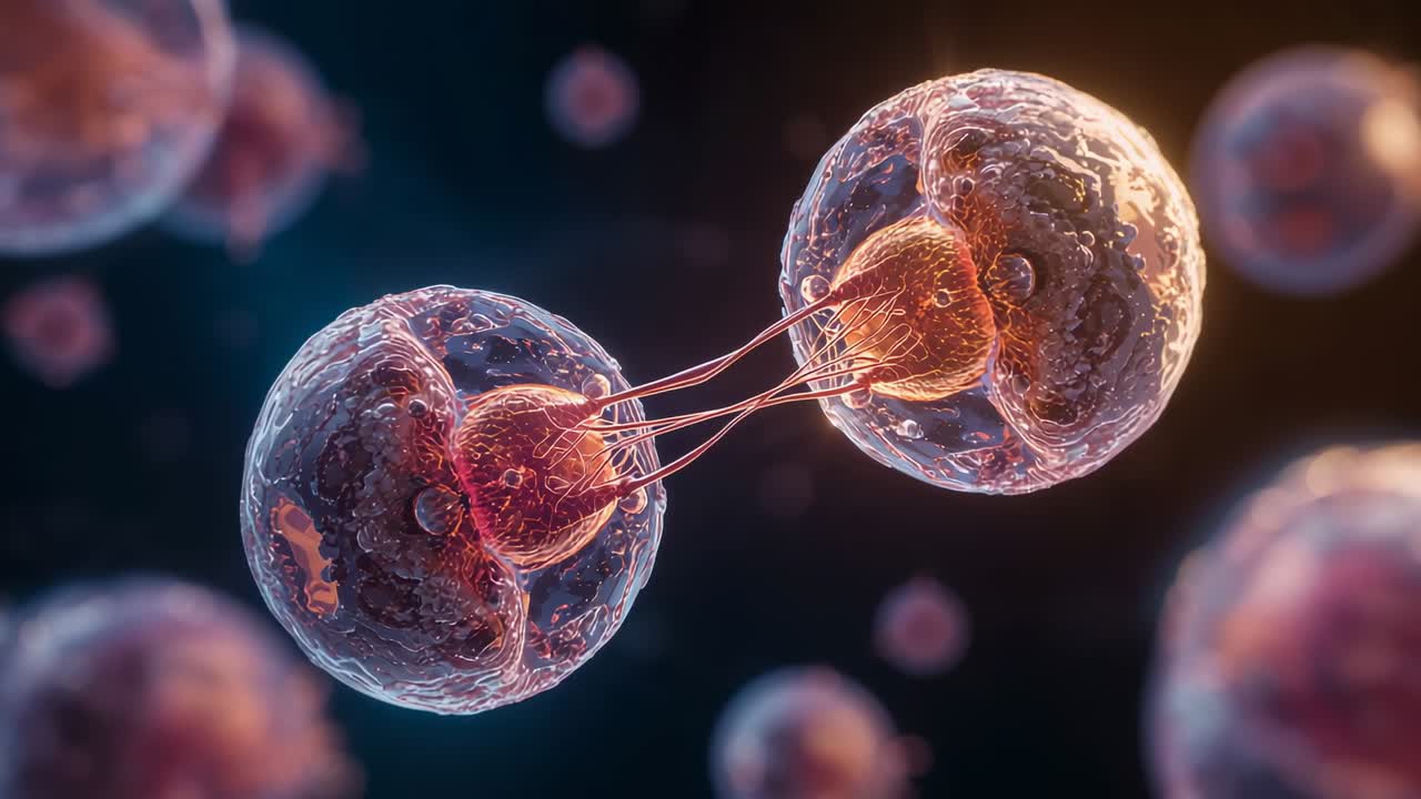 Rotating from medium drift, connected cells realigning under microscope, maintaining bridge tension