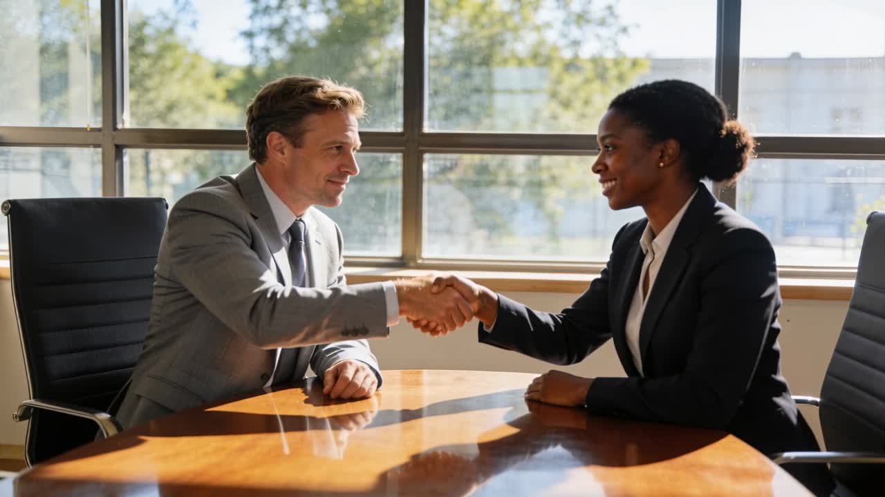 Vertical video: Leaning in, man starting handshake with woman at table, closing deal in suits