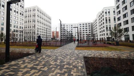 modern apartment complex courtyard in winter