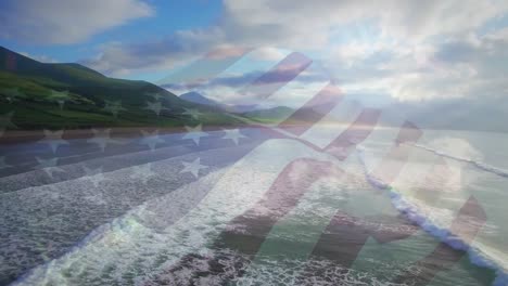 Animation-Der-Flagge-Der-USA,-Die-über-Die-Strandlandschaft-Weht